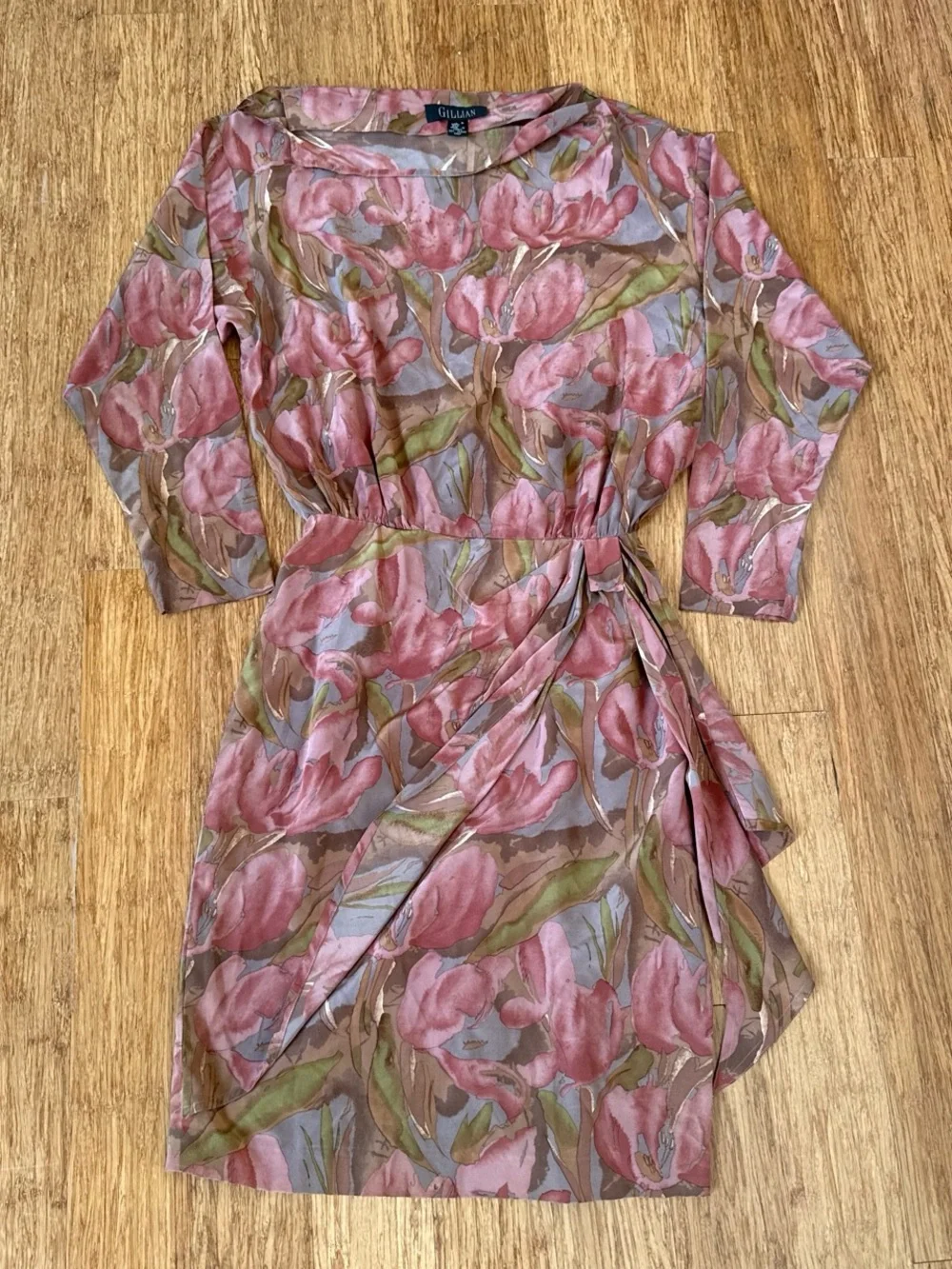 Vintage watercolor  100% silk Pink and green floral print dress
